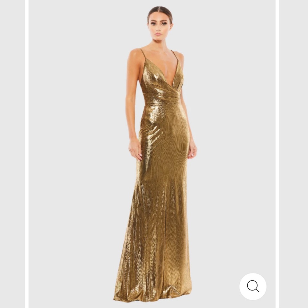 Mac Duggal METALLIC FAUX WRAP SPAGHETTI STRAP GOWN size 8 NEW